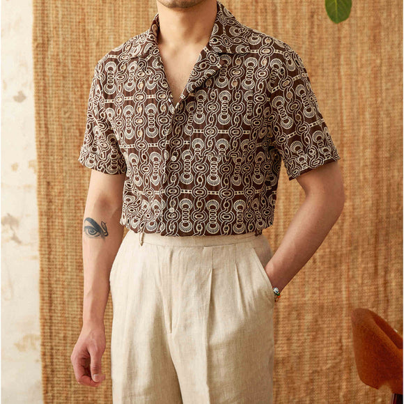 Camisa Casual Cuello Cubano con Bordado Vintage de Algodón