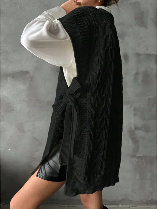 Chaleco Tejido Casual con Cuello V y Amarre Decorativo