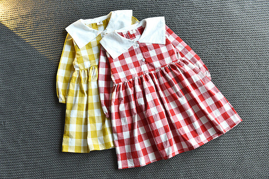 Vestido Niña Cuadros con Cuello Amplio y Botones Manga Larga - Image 10
