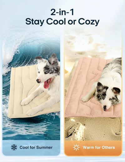 Golden retriever wearing sunglasses on a light gray quilted pet cooling mat, floating on icy blue water. - Image 20