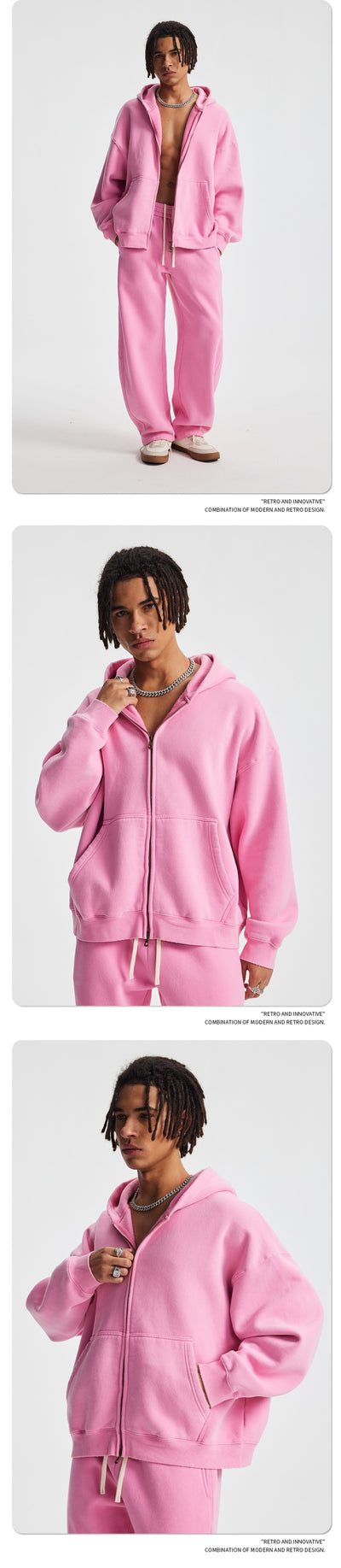 Men's pink washed full-zip hooded jacket and matching sweatpants set, featuring a relaxed fit and drawstring details. - Image 18