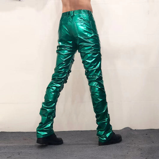 Pantalones de Cuero Acampanados con Espejo Reflectante para Hombre - Image 5