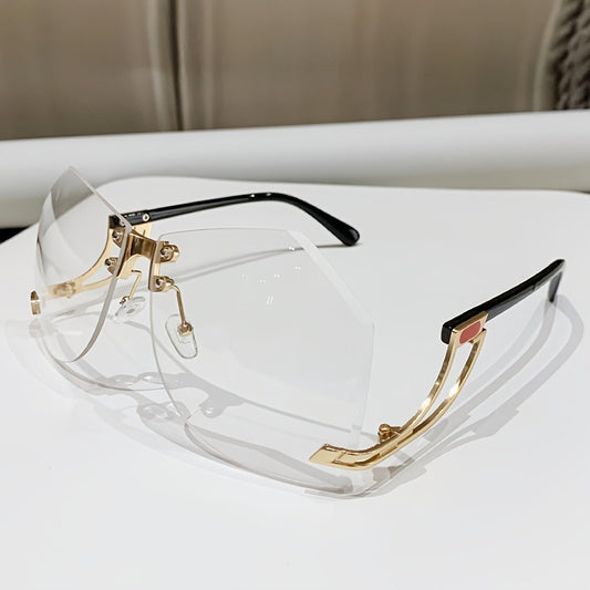 Rimless sunglasses with gradient pink lenses and gold-tone hollow temples, featuring a unique quadrilateral shape. - Image 2