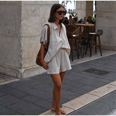 Conjunto de Camisa y Shorts a Rayas Holgado y Casual - Image 14