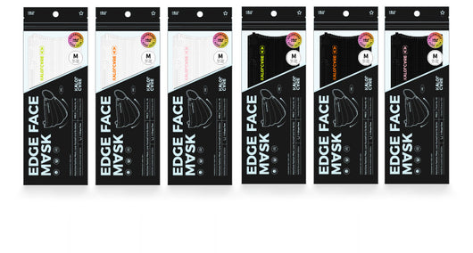 White V-shape face mask with pink ear loops, packaged in a clear and black pouch, size S, by Kalor Cvre. - Image 3