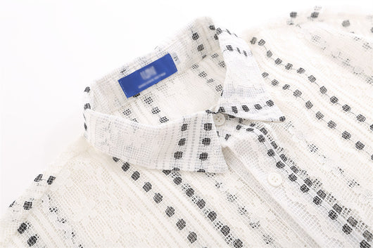 Blusa Suelta de Encaje Calado y Manga Larga con Lunares y Rayas Jacquard - Image 14