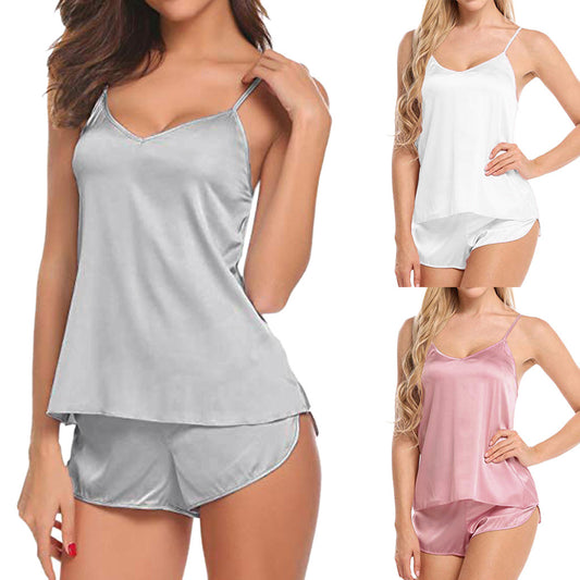 Pijama Camiseta y Short con Encaje Escote V para Mujer - Colección Verano