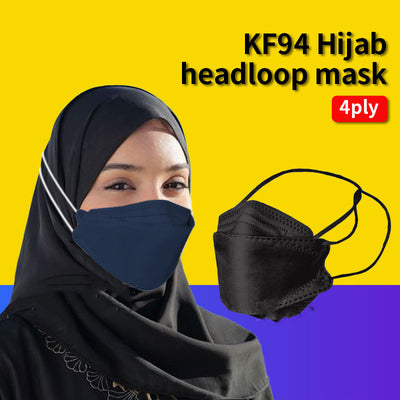 Orange KF94-style headloop face mask worn by an adult with a black hijab, designed for respiratory protection.