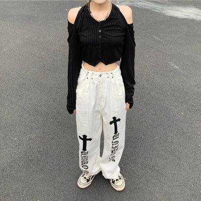Pantalones Rectos Blancos con Estampado High Street para Mujer