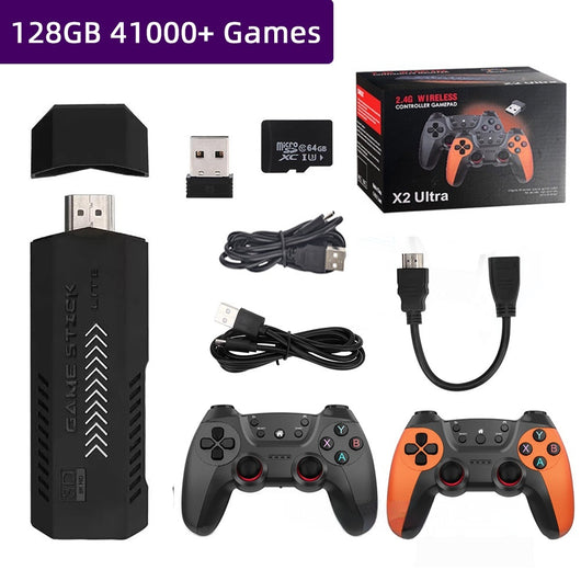 X2 Ultra Home TV Game Console kit with black game stick, two wireless controllers, 64GB MicroSD, and cables. - Image 7