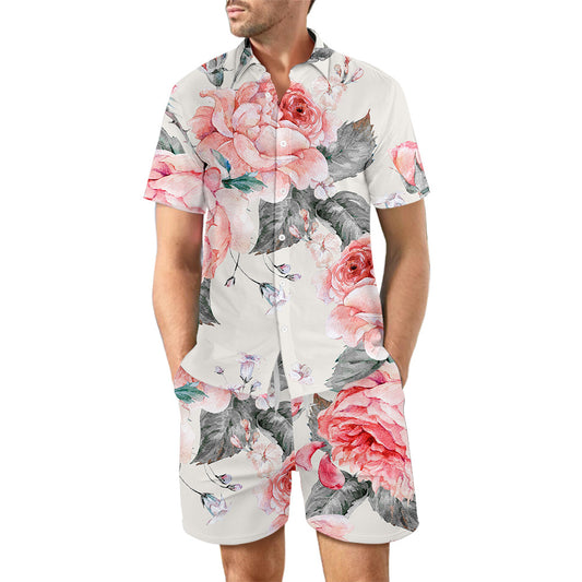 Conjunto Playero Hombre Camisa y Shorts con Estampado 3D Digital Hawaiano
