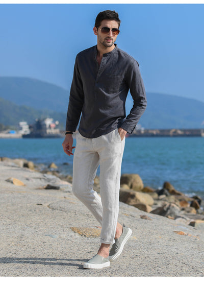 Camisa Casual de Lino y Algodón con Cuello Mao para Hombre - Image 31