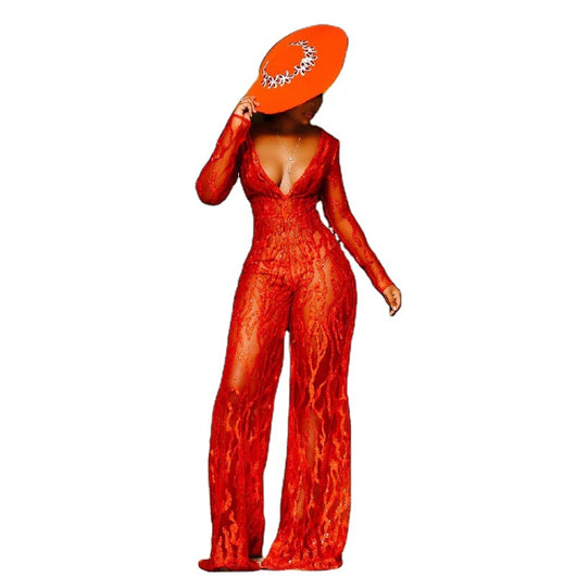 Jumpsuit Rojo con Lentejuelas y Escote Halter - Estilo Europeo - Image 5