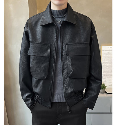 Chaqueta de Cuero PU Estilo Americano para Hombre con Cierre Doble - Image 9