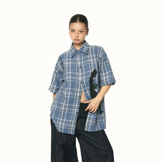 Camisa Cuadriculada Azul Holgada de Manga Corta - Image 5