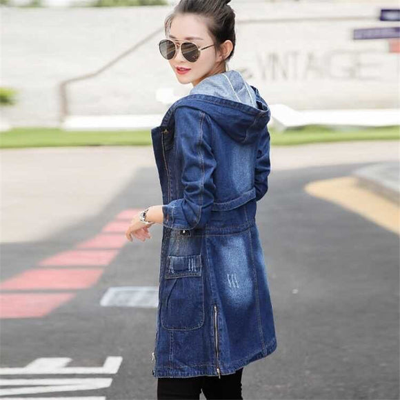 Chaqueta Denim Hoodie de Manga Larga para Mujer