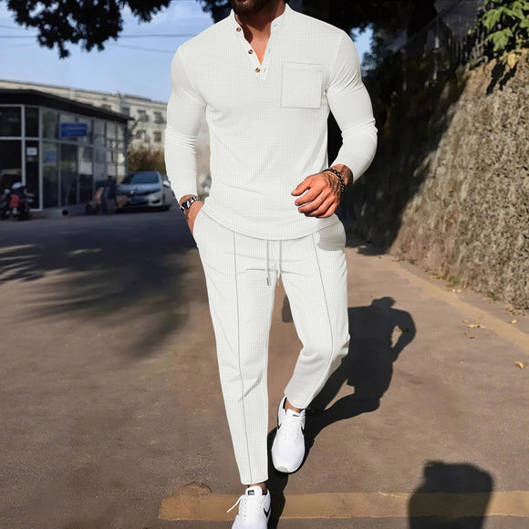 Conjunto Casual de Pantalón y Camiseta Henley Texturizada de Manga Larga para Hombre