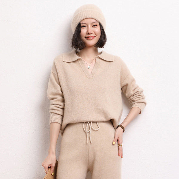 Suéter Polo Cashmere Suelto de Manga Corta para Mujer