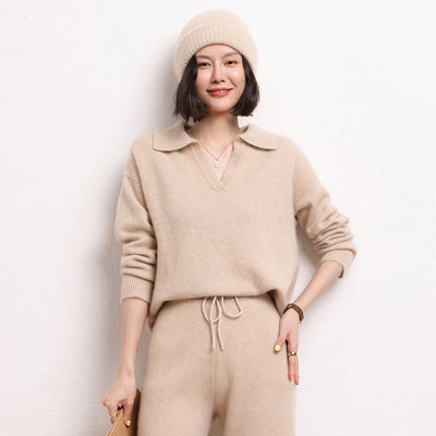 Suéter Polo Cashmere Suelto de Manga Corta para Mujer