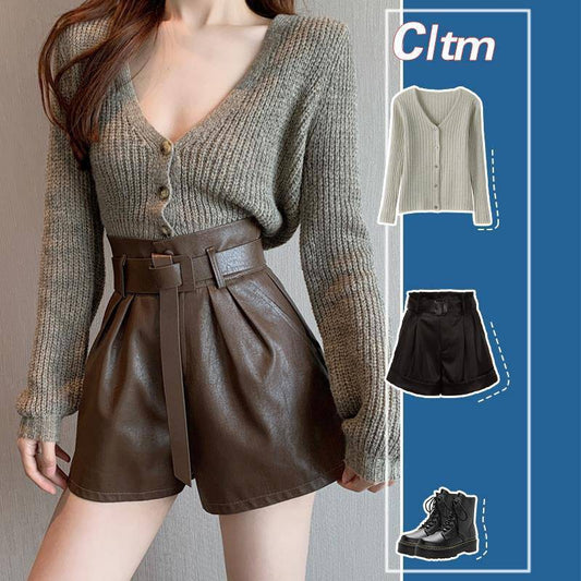 Shorts de Cuero Marrón Café para Mujer - Abrigo Otoño Invierno