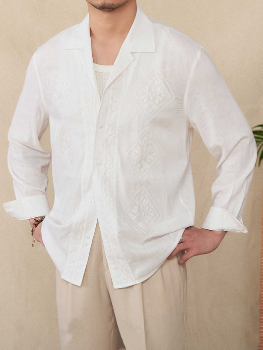 Camisa de Lino y Algodón con Cuello Cubano Bordado - Protección Solar de Manga Larga - Image 3
