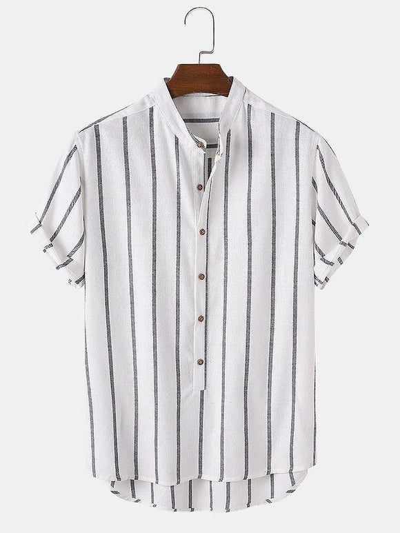 Camisa Casual de Hombre con Cuello Mao y Rayas