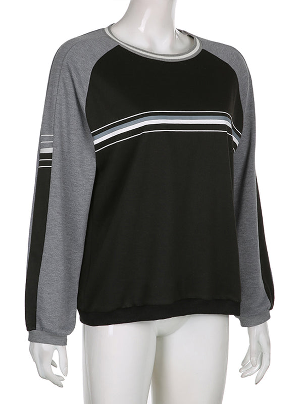 Blusa Suéter Patchwork Manga Larga Cuello Redondo Oversize para Mujer