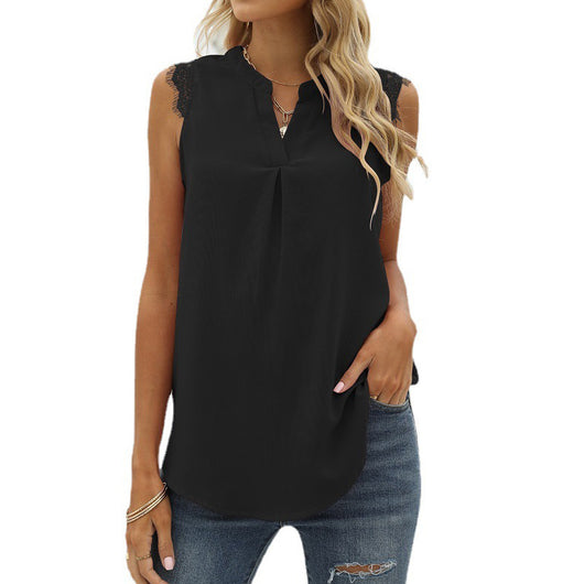 Blusa Suelta Escote V sin Mangas con Encaje de Color Sólido - Image 13