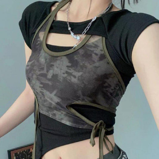 Blusa Retro Hot Girl Estampada Manga Corta con Tirantes - Diseño Verano Chic