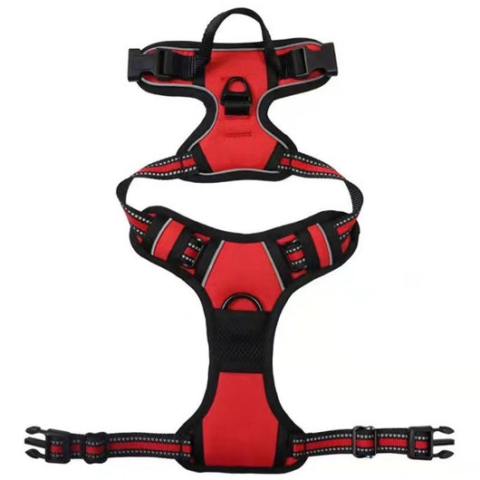 Red and black dog harness with reflective strips, adjustable straps, and a top handle for secure pet control. - Image 39