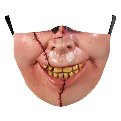 Halloween funny face mask with a digital print of a stitched-up face and yellow teeth, featuring ear hooks. - Image 17