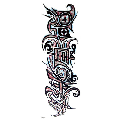Full arm temporary tattoo sticker with a black, red, and light blue tribal design, featuring abstract shapes and patterns. - Image 21
