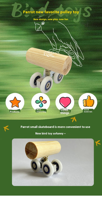 Wooden bird toy resembling a roller skate with a pine log body and four white wheels with metal bearings. - Image 8