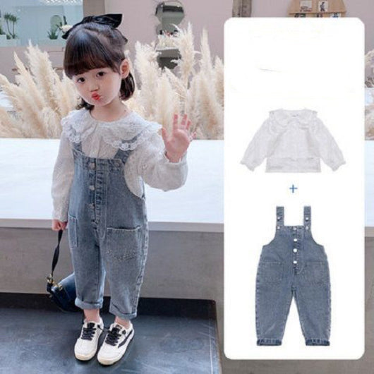 Conjunto Infantil: Overol Denim con Blusa de Encaje - Image 7