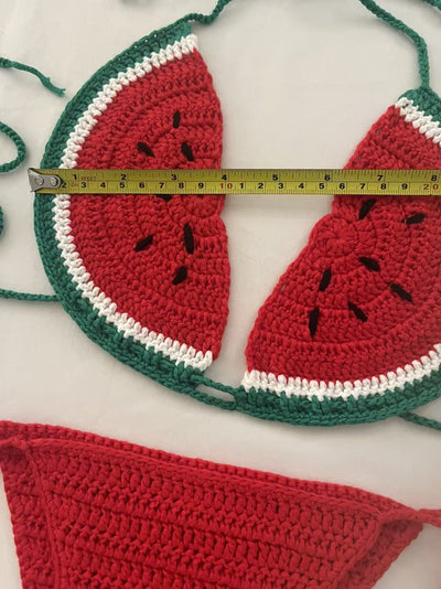 Handmade crocheted bikini with watermelon slice top in red, green, and white, and solid red tie-side bottoms. - Image 8