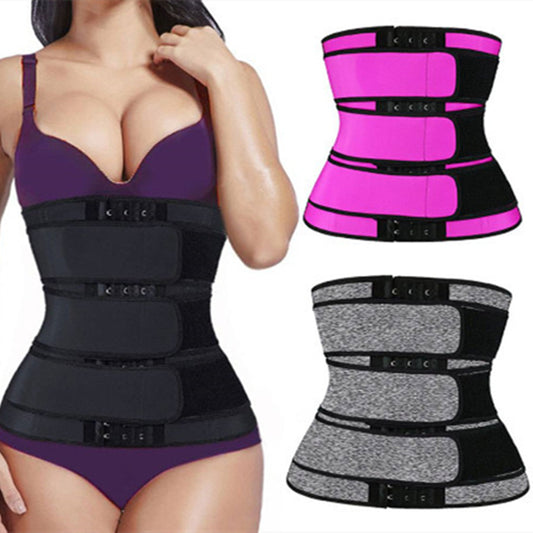 Fuchsia and black neoprene waist trainer with multiple adjustable straps and a zipper closure, size XL.