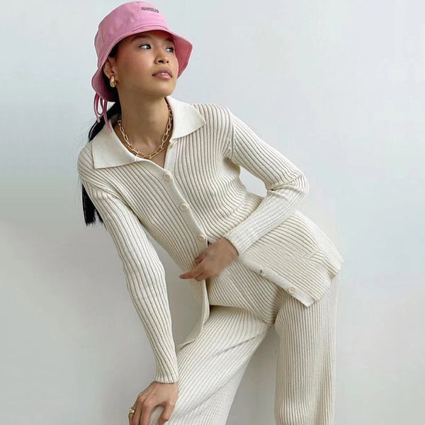 Conjunto de Cardigan y Pantalón Ancho para Otoño e Invierno