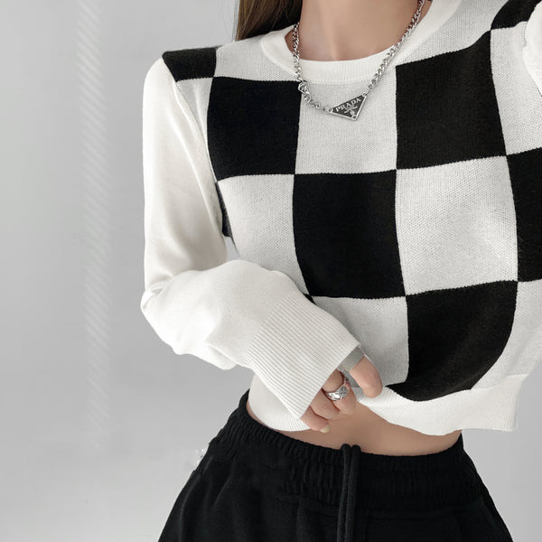 Suéter Retro a Cuadros Blanco y Negro Cuello Redondo para Mujer