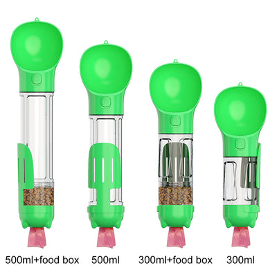 Four teal pet multi-functional water bottles, two with food boxes, in 300ml and 500ml sizes. - Image 11