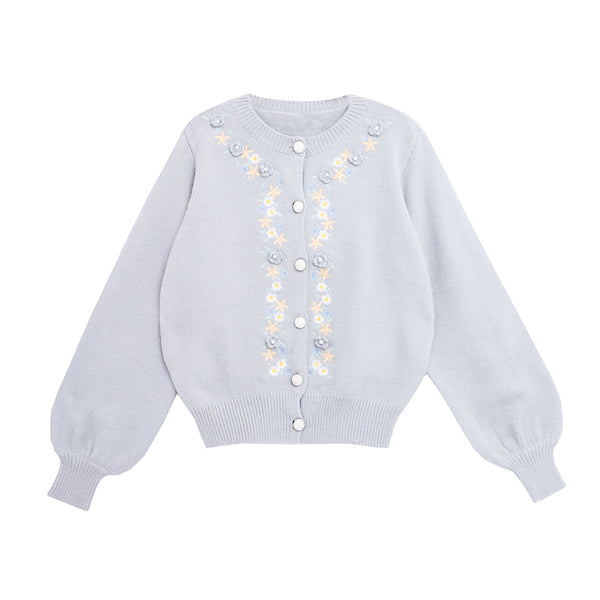 Cardigan Tejido Suave Azul Leche con Bordado - Abrigo Cálido para Mujer