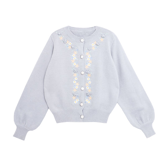 Cardigan Tejido Suave Azul Leche con Bordado - Abrigo Cálido para Mujer