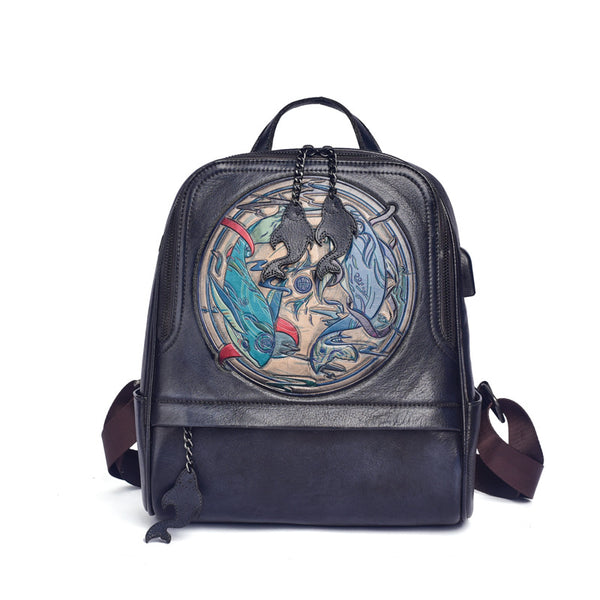 Mochila Vintage de Cuero con Doble Compartimento y Grabado Artesanal
