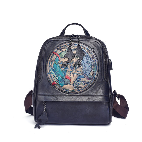 Mochila Vintage de Cuero con Doble Compartimento y Grabado Artesanal