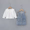 Conjunto Infantil Niña: Camisa Denim con Solapa Grande y Falda con Tirantes