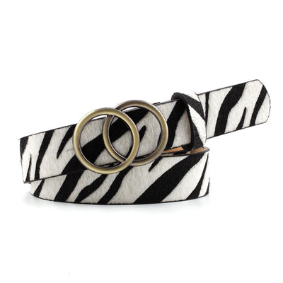 Women's zebra print fashion belt with black and white stripes and a round gold-tone buckle. - Image 11
