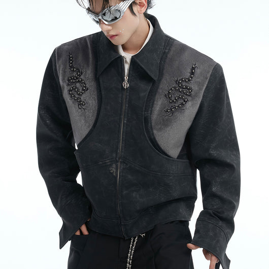 Chaqueta de Cuero PU con Patrón Serpiente, Costuras Remachadas y Bordado - Image 7