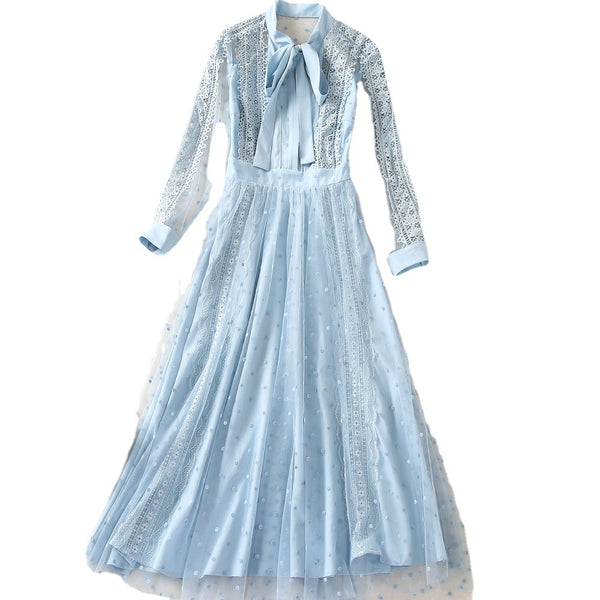 Vestido Largo de Manga Larga con Parches de Lunares y Mesh Calado - Image 3
