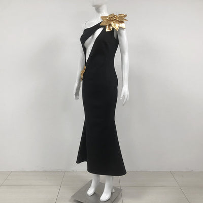 Vestido Largo Ajustado Flor Dorada con Efecto Bandage - Image 3