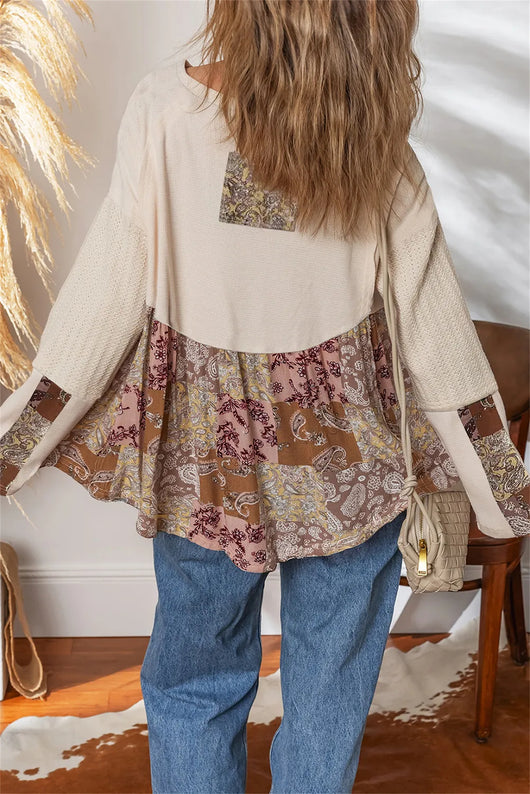 Blusa Suelta Étnica Patchwork Contraste Manga Larga Estampado Paisley Beige - Image 2