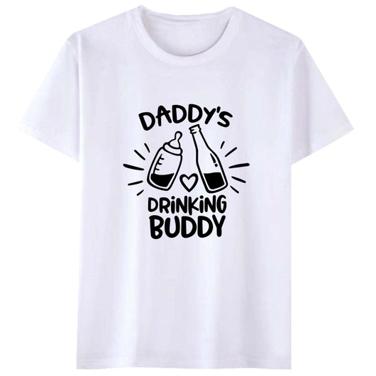 White short-sleeve t-shirt with a black graphic of a baby bottle and a beverage bottle clinking, and "DRINKING BUDDY" text. - Image 8